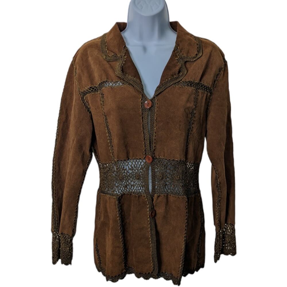 Vintage 90s Y2K Static Brown Suede Crochet Patched Blazer Boho Size Medium